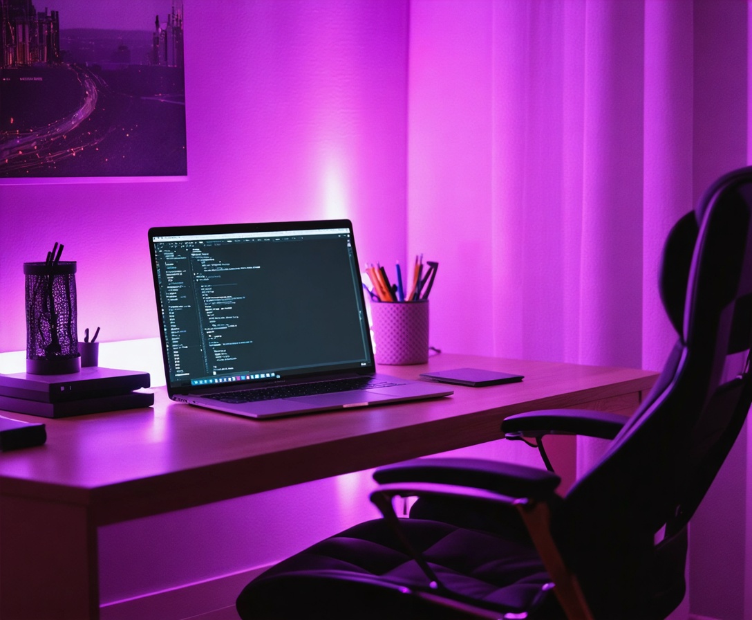 Glowing designer workspace at night